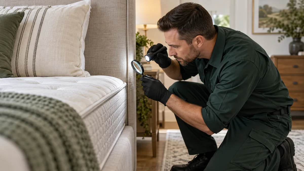 Technician using a flashlight and magnifier to inspect a mattress seam for bed bug signs