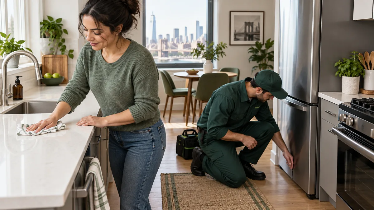 Resident cleaning a kitchen counter while a pest technician checks beside an appliance