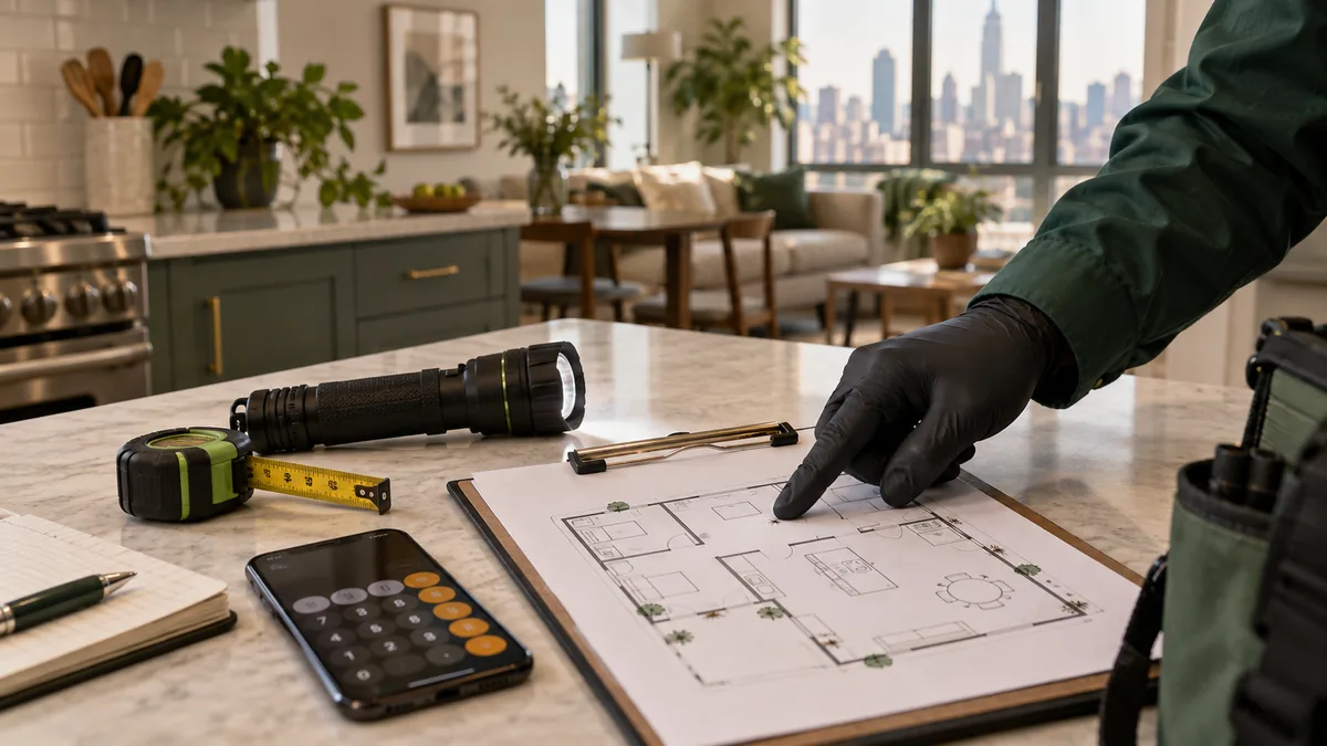 Inspection tools and a property plan used to prepare a pest control quote