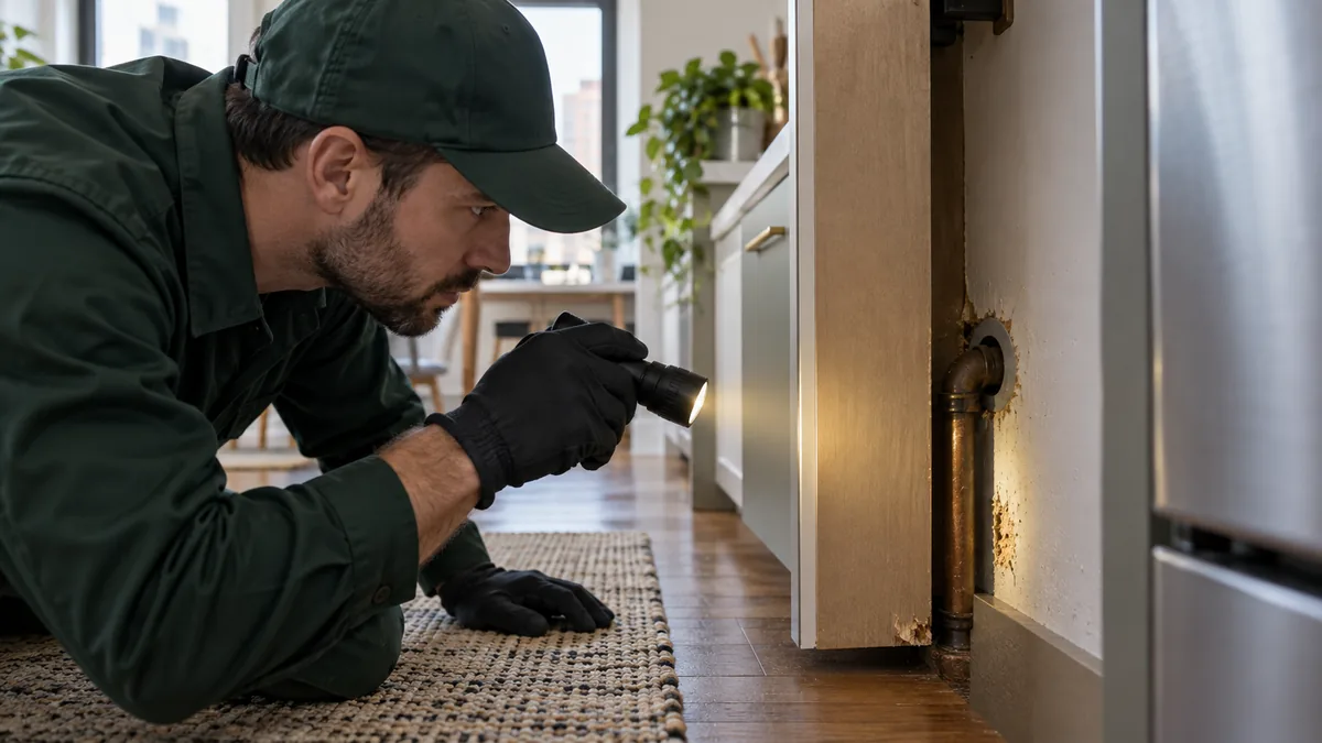 Technician inspecting a damaged gap around a kitchen pipe for signs of mice