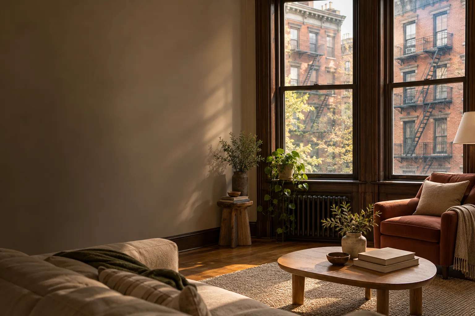 Illustrative Manhattan apartment with warm window light and brick buildings outside