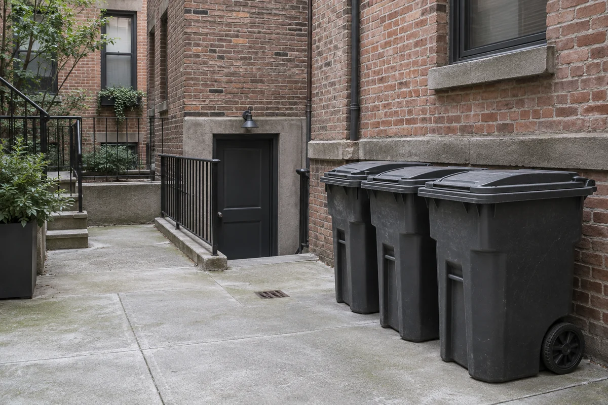 Illustrative Manhattan residential courtyard with closed waste bins beside a basement entrance
