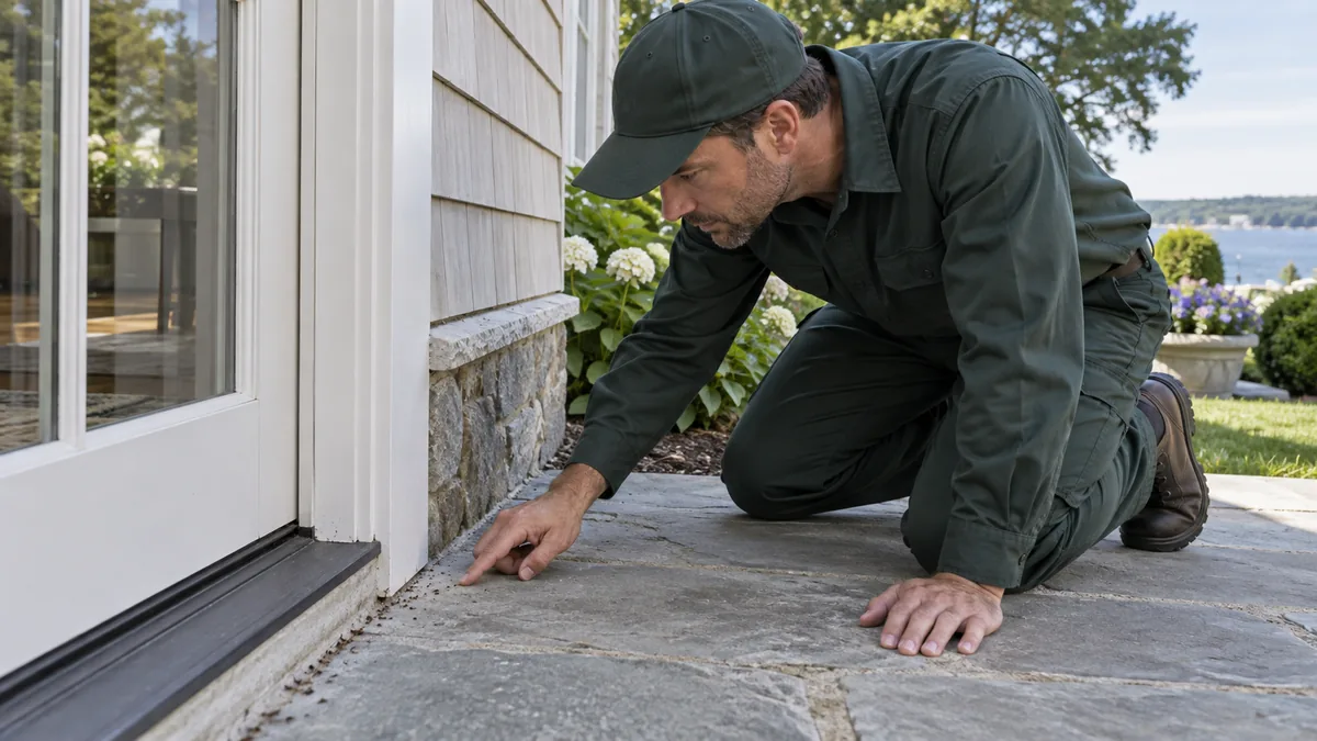 Pest control technician tracing an ant route near a patio door