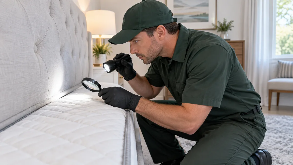 Pest control technician inspecting mattress seams for bed bug evidence