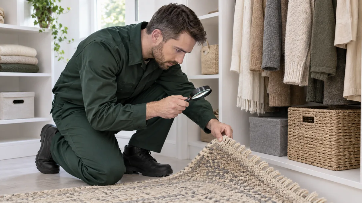 Pest control technician inspecting a wool rug for carpet beetle or moth damage