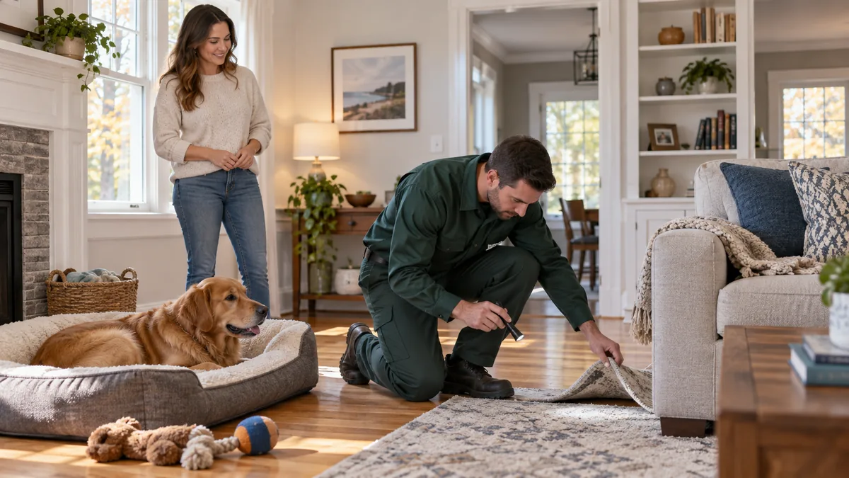 Pest control technician inspecting a pet resting area for flea activity