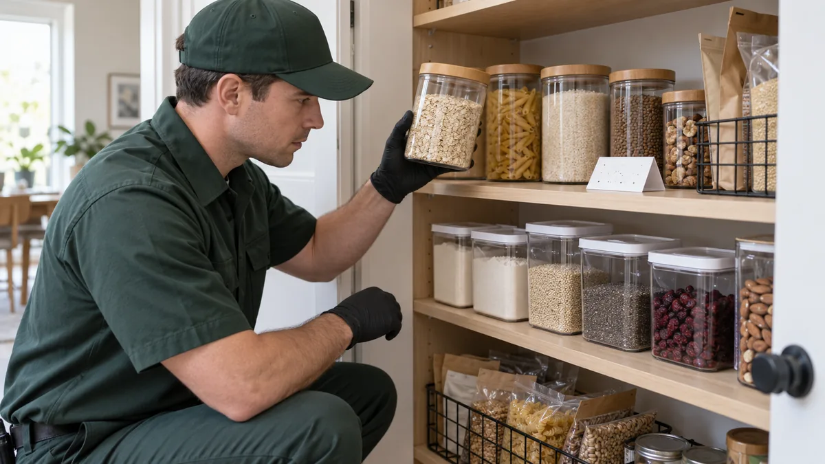 Pest control technician inspecting stored food and a pantry pest monitor