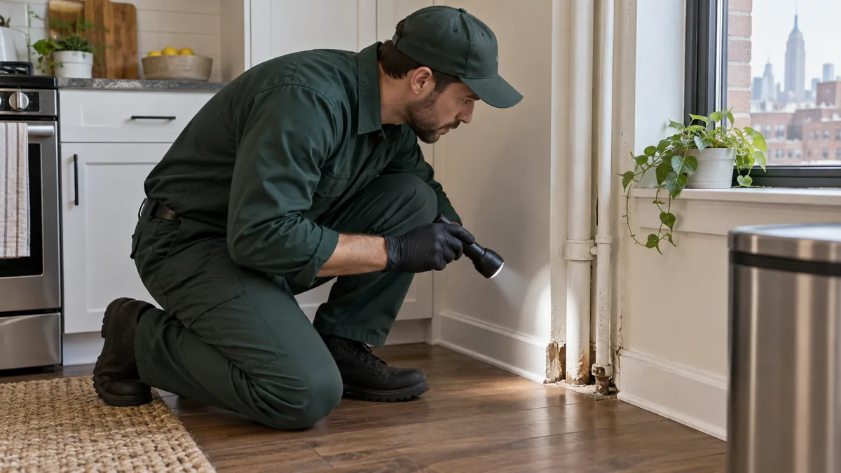 Pest control technician inspecting a possible rodent entry gap in an apartment kitchen