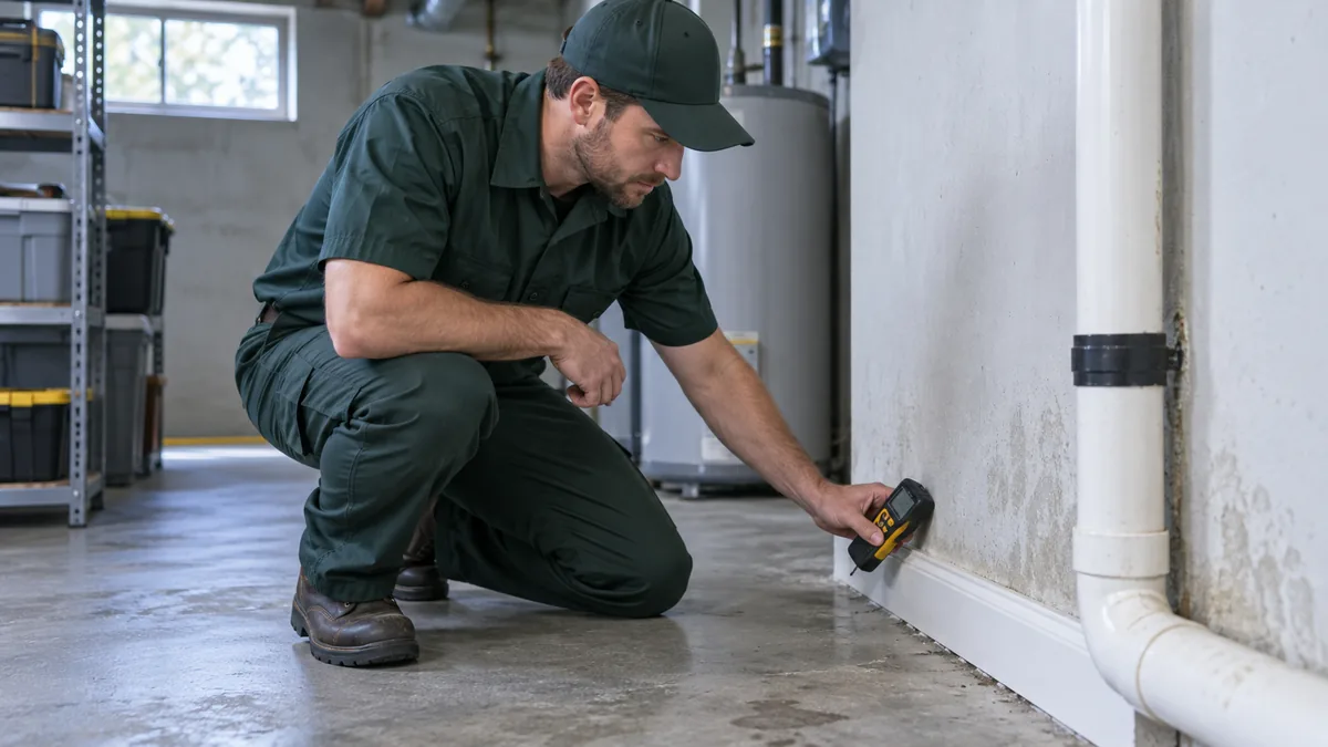 Pest control technician checking basement moisture conditions for silverfish