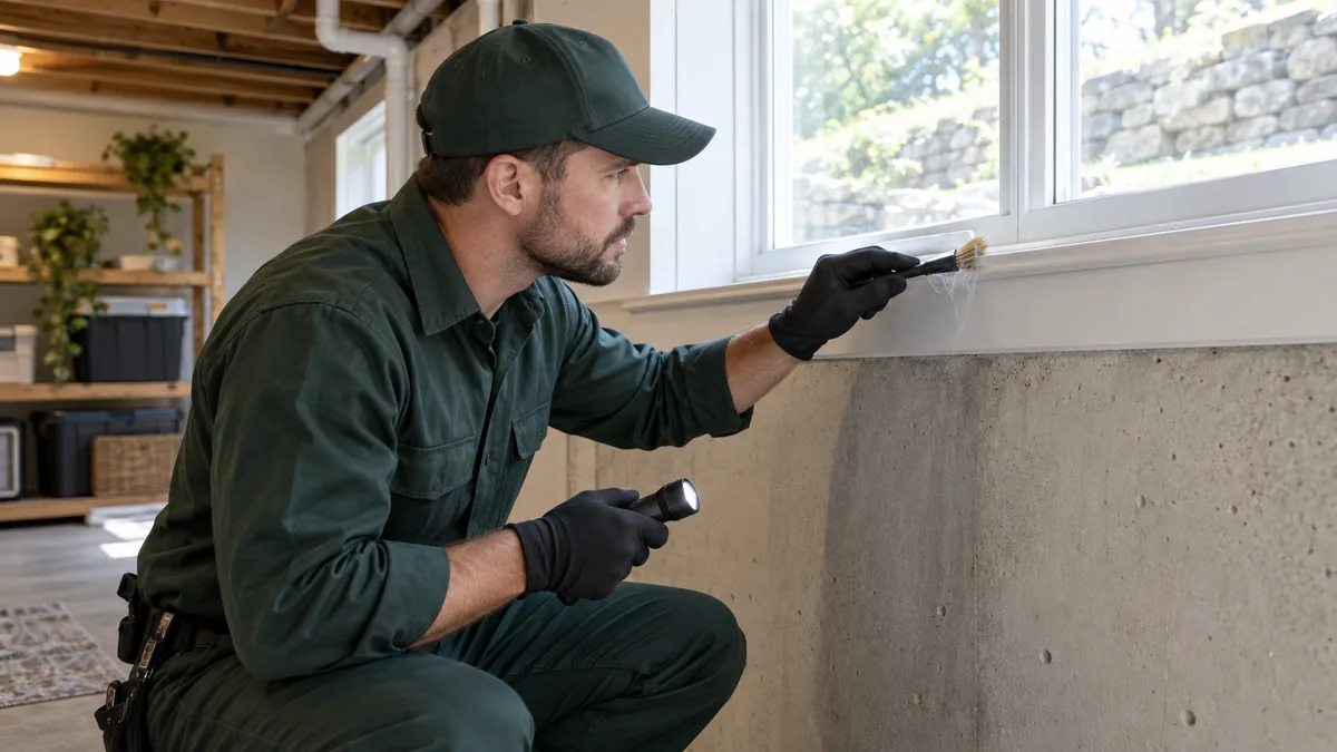 Pest control technician checking a basement window for spider webs and entry gaps