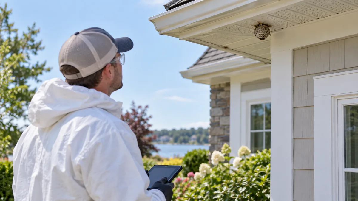 Pest control technician assessing a wasp nest beneath a roof eave