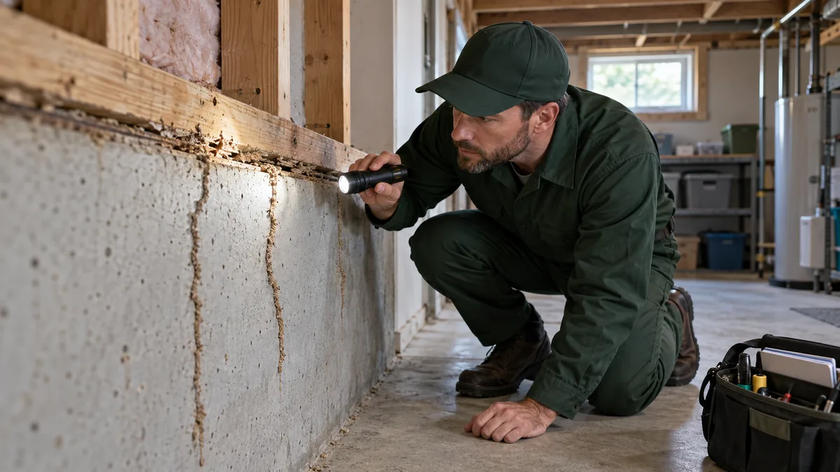 Pest control technician inspecting termite evidence along a basement foundation