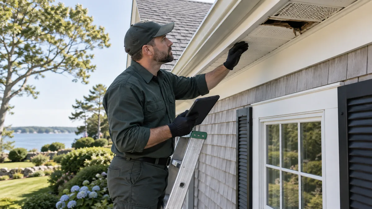 Wildlife technician inspecting a damaged soffit and roofline entry point