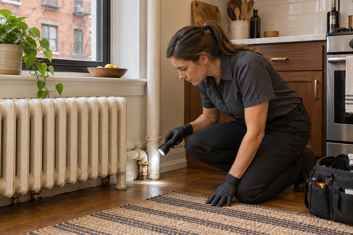 Illustrative inspection of an apartment kitchen for rodent entry points